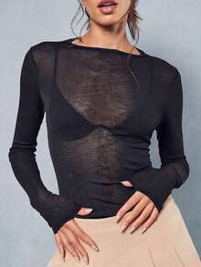 Y2K Style Stretch Sheer Simple Long-Sleeve Crew Neck Slim Fit T-Shirt Top, Black Casual Spring Style (Inner Layer Not Included) Summer Beach Outfit - Black - View 2