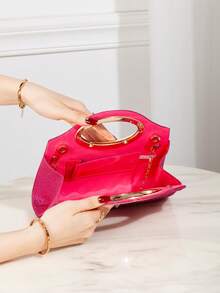 Gold Evening Clutch Bag With Sparkling Rhinestones And Circular Metal Handle, Elegant Handbag For Weddings, Dinners And Special Events, Women's Fashion - 紅色 - 查看 5