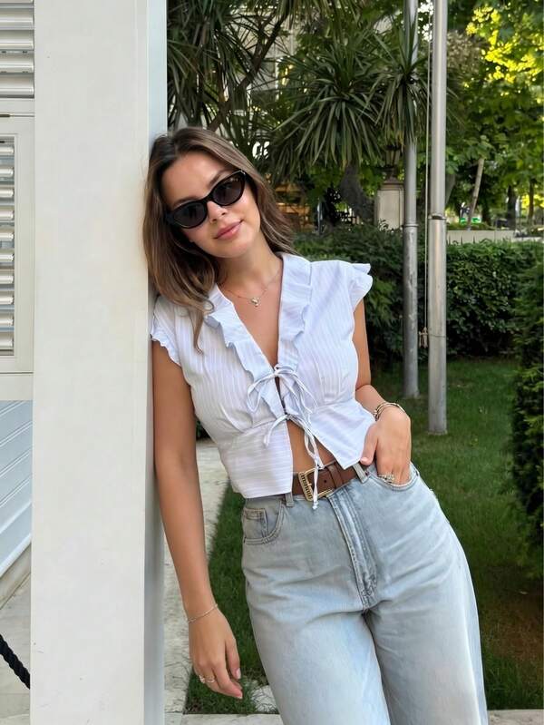 Blusa corta elegante y casual de verano con volantes en azul y blanco para fiesta, playa y vacaciones