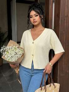 PARARAL Ropa Casual de Verano para Mujer Talla Grande - Top de Manga Corta con Tela Texturizada Estilo Vacaciones, Top de Verano para Mujer, Ropa de Vacaciones para Mujer, Top Casual para Mujer, Top de unicolor para Mujer - Albaricoque - Ver 10