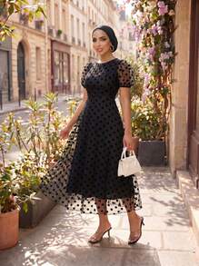SHEIN Lady Váy midi cho nữ, trang phục công sở thường ngày cho nữ, trang phục công sở cho nữ, trang phục đi chơi cho nữ, trang phục sân bay cho nữ, trang phục du lịch, trang phục sân bay, trang phục trở lại trường, trang phục hòa nhạc đồng quê, trang phục đêm hẹn hò cho nữ - màu đen - Xem 3