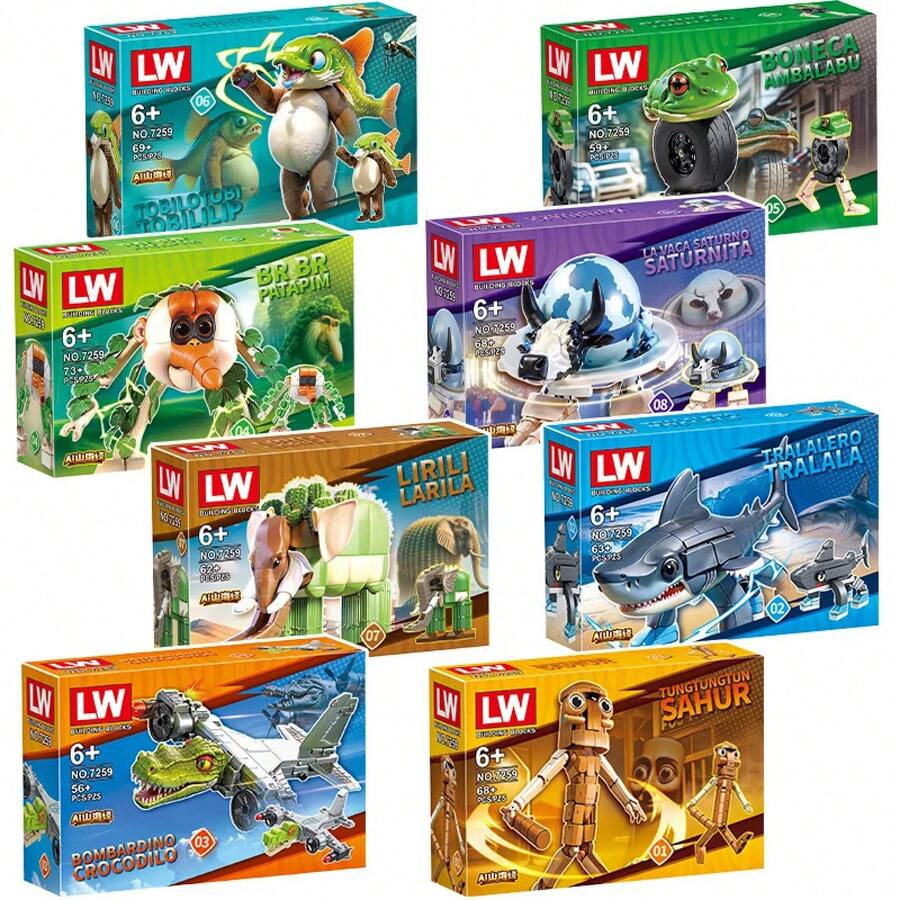 Bloques de construcción italianos Brainrot animales Tung Tung Sahur Tralalelo Tralala tiburón BricksToy regalo para niños caja ciega - 7259-8 - Ver 1