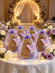 This Butterfly Shaped Keychain Gift Set Includes Acrylic Keychain, Brown Thank You Card, And Purple Organza Pouch, Suitable For Weddings And Parties - Multicolor - View 3