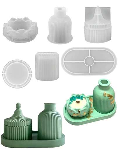 5Pcs/Set DIY Vase Tray Jar Silicone Mold Set,Circular Striped Jewelry Storage Boxes,Lotus Candlestick,Home Decor,Room Decor,Wedding Decor,Table Decor,Epoxy Drip Glue Silicone Candle Molds, Oval Bottom Coasters, Handmade Gypsum Clay Molds,Gift For Woman,Birthday Gift,Best Friend Gifts,DIY Gift