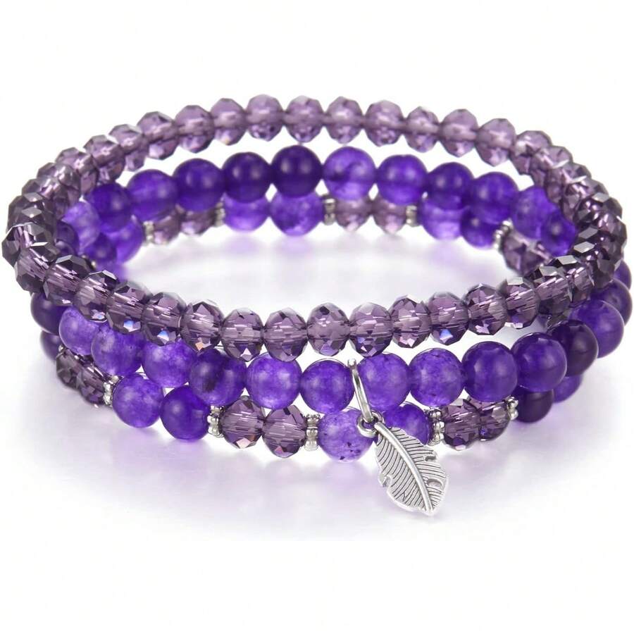 Noessla Stackable Beaded Bracelets Women Boho Multi Layer Stretch Bracelets Natural Stone Bead Bracelet With Leaf Charm Jewelry Women - Amethyst - View 1