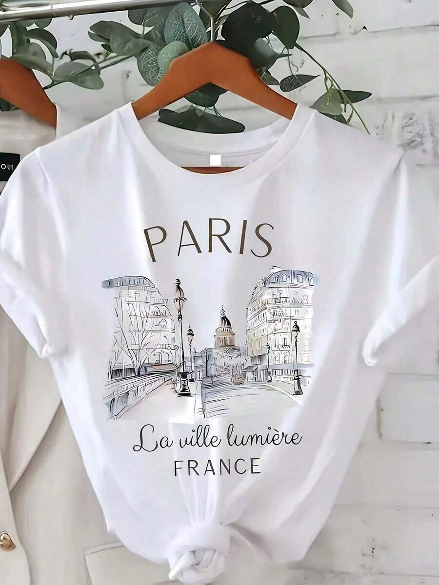 1 pieza de camiseta regular de cuello redondo con estampado de moda de París para verano, 180g, 100% algodón - Blanco - Ver 1