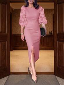 Elegant Floral Mesh 3/4 Sleeve Midi Dress With Boat Neck, Waist Tie, High Slit, Flattering Silhouette, Suitable For Work, Daily Wear Elegant Solid Color Mesh Splice Mini Dress With High Slit, Suitable For Wedding, Office, Daily, Spring/Autumn - Dusty Pink - View 2