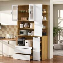 Highboard With Adjustable Shelves And Drawers, Sideboard With Pull-Out Shelves And Ribbed Glass, Ideal For Dining Room, Living Room And Kitchen (White+Natural) - White + Natural - View 6