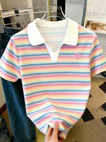 Cute Rainbow Striped Women Short Sleeve Polo Shirt, White Collar, Sweet Heart Pattern - Baby Pink - View 1