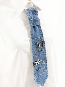1件女款星星鏈條免鑽孔頸帶牛仔領結，適合校園、派對與日常穿著 - 打孔星星 - 查看 7