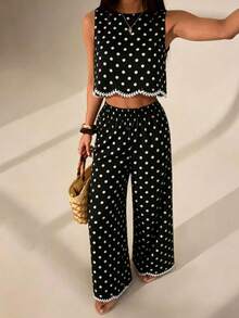 Ensemble 2 pièces à pois pour femmes, top court sans manches avec pantalon large, tenue de vacances décontractée noire élégante pour l'été - Noir - Voir 5