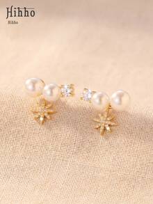 Hihho 1 paire de boucles d'oreilles de style français de luxe avec perles et étoiles octogonales, boucles d'oreilles délicates pour femmes, convenant pour un port quotidien, cadeau pour les fêtes - Boucles d'oreilles en perles - Voir 6