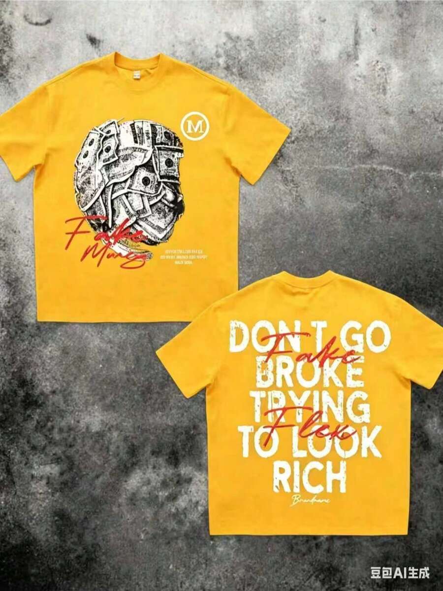 Money Graphic% Cotton Shirt Don'Go Broke Trying To Look Rich Statement Double Sided Streetwear 220gCasual Short-Sleeve-Shirts Men And Women - 黃色 - 查看 1