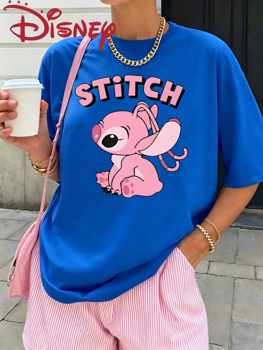 Disney Cute Pink Angel "Stitch" Logo Printed T-Shirt, Fashionable Short Sleeved T-Shirt, Comfortable Fabric, Suitable For Summer Beach And Outdoor Travel Activities - 藍色 - 查看 1