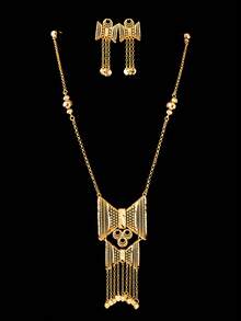 3pcs Copper Plated 18k Champagne Gold Hollow Bow Tassel Y-Shaped Long Necklace & Earrings Set, Luxury Elegant High-End Accessories, Dubai Style Suitable For Vacation, Wedding, Festival, Party, Daily Wear, Gift Blessing Women Jewelry Set - Champagne - View 1