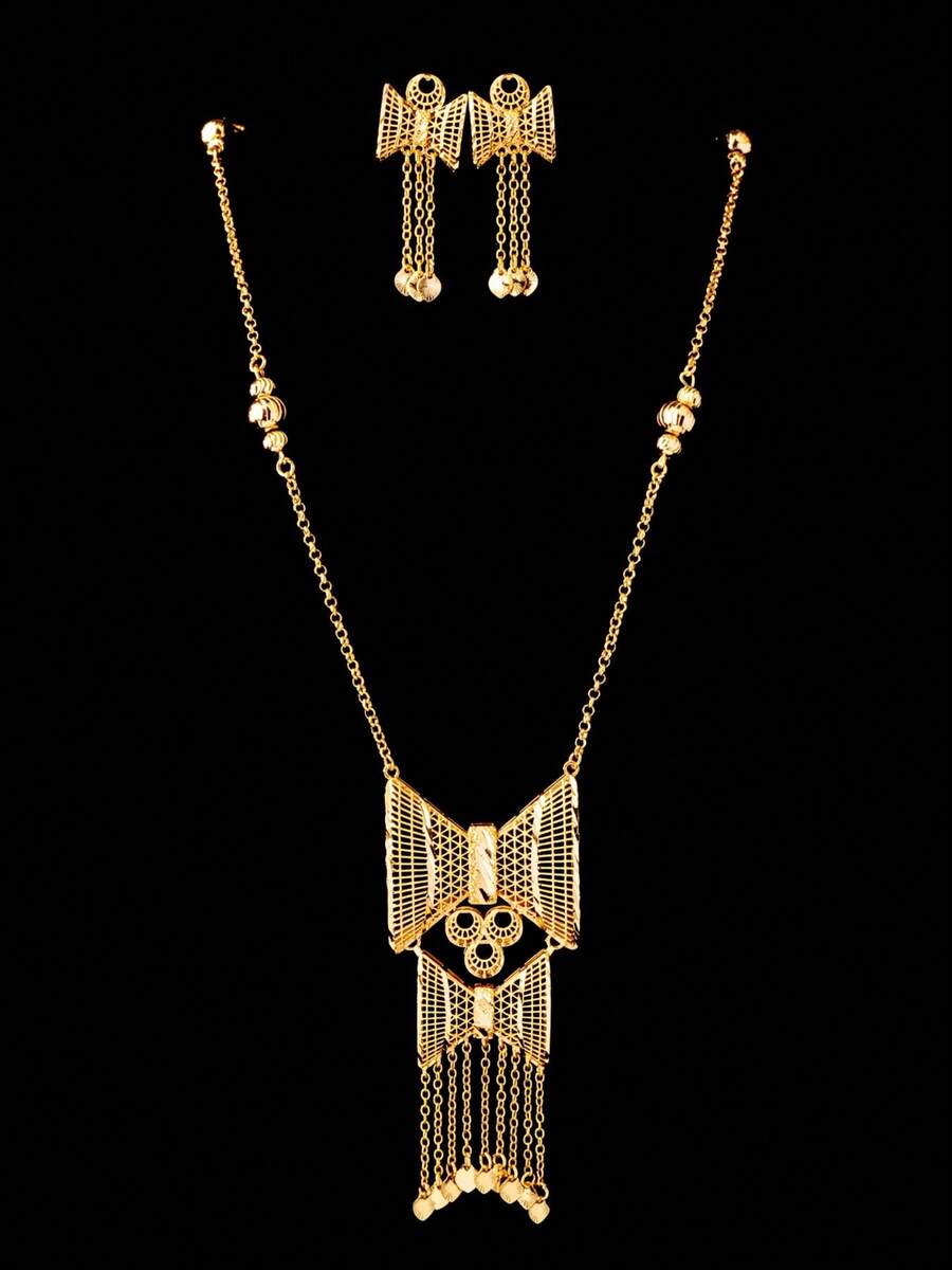 3pcs Copper Plated 18k Champagne Gold Hollow Bow Tassel Y-Shaped Long Necklace & Earrings Set, Luxury Elegant High-End Accessories, Dubai Style Suitable For Vacation, Wedding, Festival, Party, Daily Wear, Gift Blessing Women Jewelry Set - Champagne - View 1