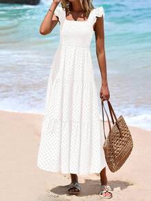 Women's Summer Square Collar Long Dress With Sleeve Cap Hole Eye Ruffles Layered A-Line Casual Vacation Long Skirt With Pockets - 白色 - 查看 5