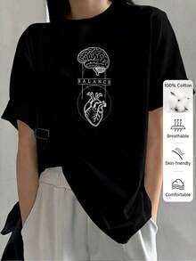 1 pieza de camiseta deportiva casual para mujer, hecha de algodón puro, estilo de cuello redondo, diseño Y2K, con estampado sencillo de equilibrio entre mente y corazón en la parte delantera y trasera. La tela es cómoda, adecuada para todas las estaciones, lavable a máquina, disponible en cinco tallas desde S hasta 2XL, múltiples colores, 2026country Concert Outfit, 180g, 100% algodón suave. - Negro - Ver 1