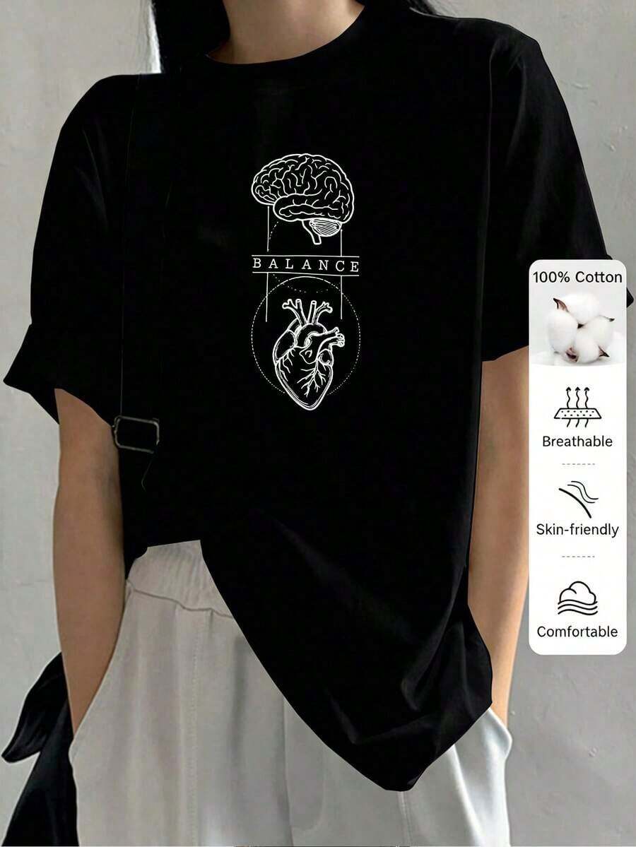 1 pieza de camiseta deportiva casual para mujer, hecha de algodón puro, estilo de cuello redondo, diseño Y2K, con estampado sencillo de equilibrio entre mente y corazón en la parte delantera y trasera. La tela es cómoda, adecuada para todas las estaciones, lavable a máquina, disponible en cinco tallas desde S hasta 2XL, múltiples colores, 2026country Concert Outfit, 180g, 100% algodón suave. - Negro - Ver 1