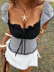 Blusa con bloques de color a rayas y volantes, top corto casual de vacaciones en la playa con nudo en la cintura, manga corta para mujer - Negro - Ver 10