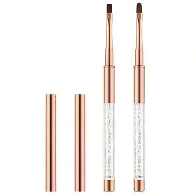 2PCS Rose Gold Nail Art Brushes With Rhinestone Handle, Professional UV Gel Nail Brush Set For French Tip, Gradient, Painting & Manicure