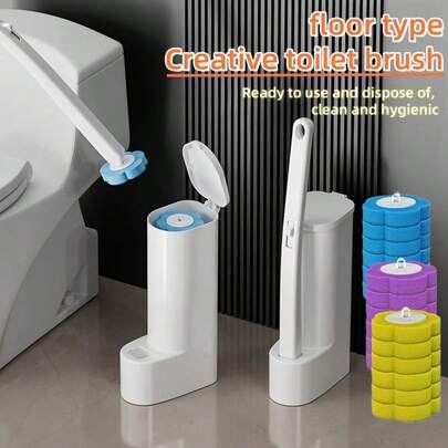 1 Set, Toilet Brush With Holder Set, Wall Mounted Long Handle Toilet Cleaning Brush With Holder, Flexible Toilet Bowl Cleaning Brush, No Dead Corner, Bathroom Cleaning Brush, Cleaning Supplies, Cleaning Tool, Back To School Supplies, Daily(Eighteen Toilet Brush Heads)
