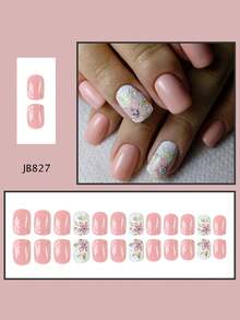 24pcs Short European-Style Square False Nails, Pink-Toned Elegant Floral False Nails For Wearing, Detachable Full-Coverage Nails, Suitable For Parties, Dances, And Daily Wear - Pink - View 2
