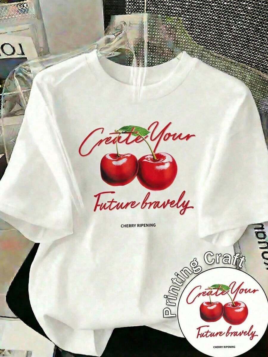 100% cotton Camiseta casual de mujer con estampado de cerezas blancas, cuello redondo, manga corta y corte regular, perfecta para un uso diario elegante en otoño. - Blanco - Ver 1