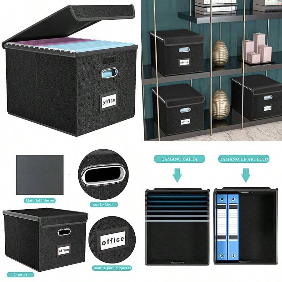 Caja Organizadora De Archivos Portátil Con Tapa Caja Archivadora Para Carpetas y Archivadores Para El Hogar y La Oficina Con Deslizador - negro - Ver 1