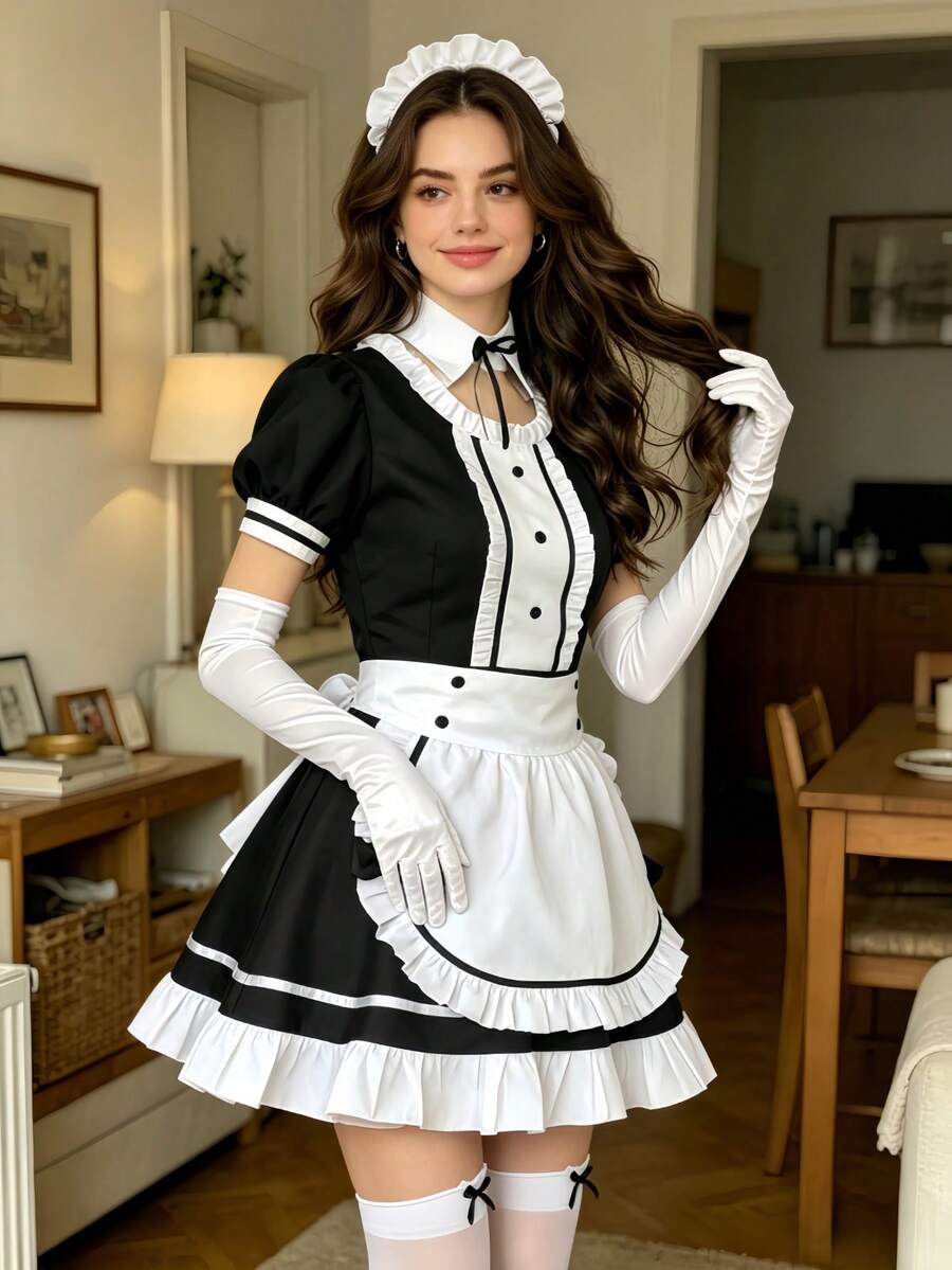 1pc Maid Dress Set, Black & White Color Block, Puff Sleeve With Ruffle Apron, Delicate Lace & Bow Details, Fitted Silhouette Fall - White - View 1