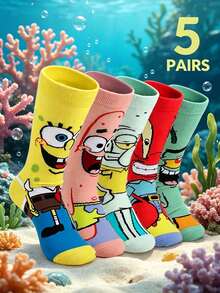 SpongeBob SquarePants 5双男女通用卡通海洋生物印花中筒袜，趣味休闲四季袜 - 彩色 - 查看 2