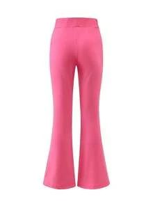 1 Set Tween Girl Outfit, Including Apricot Round Neck T-Shirt And Matching Flared Pants, With Creative Wolf Head Graphic Print - Hot Pink - View 8
