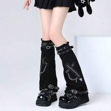 Y2K Faux Leather Leg Warmers With Pocket, Punk Slouchy Boot Covers For Streetwear & Festival Outfits - 黑色 - 查看 7