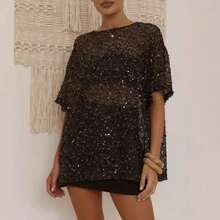 New Solid Color Sexy And Elegant Mesh Sequin Hollow-Out Summer Women's Pullover Blouse - Black - View 4