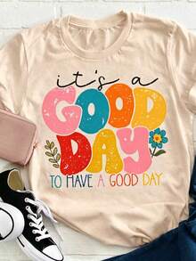 Women's Positive Motivational Slogan T-Shirt | Printed Text "Live Every Beautiful Day To The Fullest", Decorated With Colorful Fonts And Floral Patter - 杏色 - 查看 10