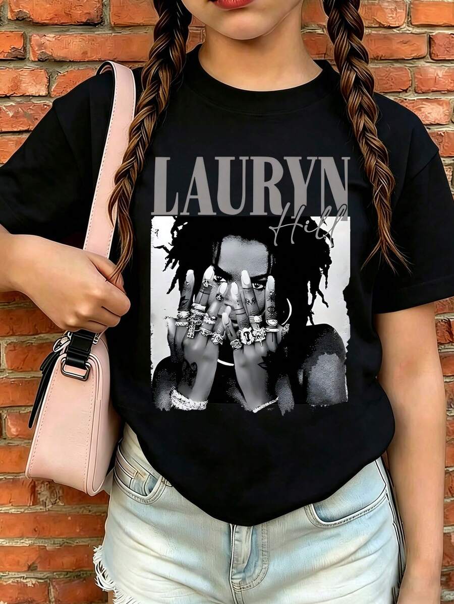 Vintage Lauryn Hill Black And White Portrait Printed T-Shirt, Eye-Catching 90s Hip-Hop Style T-Shirt, Suitable For Daily Activities - Black - View 1