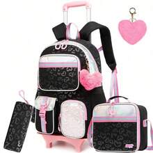 3pcs/Set Tas Ransel Anak Perempuan dengan Banyak Kantong, Desain Bintang & Hati, Cocok untuk Anak Perempuan, Dilengkapi Roda untuk Memudahkan Dibawa - Bintang Berujung Lima Hati dengan Banyak Kantong - View 13