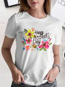 Casual Style Women's T-Shirt "Happy Mother's Day" Floral Design Spring Summer Gift For Mom 220g Summer - White - View 5