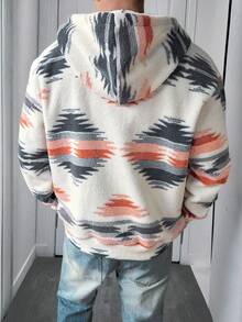 Men's Geometric Pattern Zip Collar Pocket Short Jacket, Boyfriend Gift, Warm Sweatshirt For Autumn/Winter - Multicolor - View 2