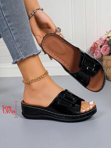 PWIIMG Black Glossy Platform Wedge Sandals, Open Toe With Metal Buckle Decor, Fashionable New Summer Casual Beach Vacation Sandals,Holiday Essential - Black - View 9