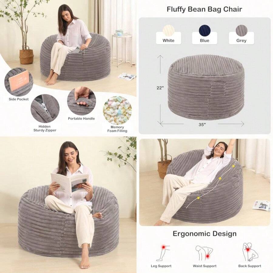 MOMCAYWEX - Puf de 3 pies para adultos/adolescentes puf de espuma viscoelástica con cubierta extraíble esponjosa para sala de estar recámara color gris - Gris - Ver 1