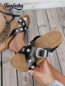 Retro Punk Style Rivet Sandals, Women's Solid Color Double Strap Metal Buckle Soft Wood Bottom Outdoor Slippers, Fashionable , Suitable For Summer Daily Wear - Black - View 4