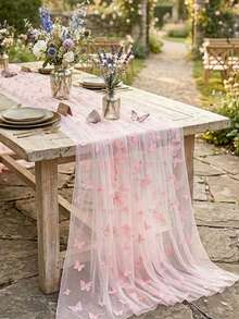 1pc Pink Table Runner, Double-Sided Butterfly Mesh Tablecloth, Birthday Party Decoration Tablecloth, Wedding Bride Gift Tablecloth, Party Decoration, Cabinet Decor Tablecloth, Kitchen Decor Table Runner - Pink - View 5