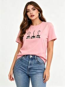 ¡CLICK AQUÍ! Imprescindible Prenda de Moda Camiseta de Manga Corta para Mujer con Estampado de Gatos - Modelo D7P014, Diseño Casual y Divertido para Looks Diarios - Rosa - Ver 2