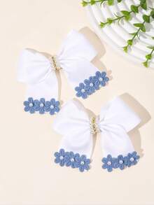 2 piezas Pinzas para el cabello con lazo floral azul, Pinzas para el cabello con flor blanca, Pinzas para el cabello de boda elegantes con cinta, Pasadores para el cabello con perlas brillantes, Accesorios para el cabello de verano dulces para niñas, regalos para maestros, uso diario - Multicolor - Ver 6