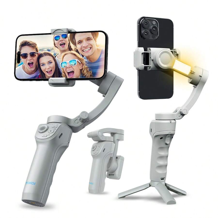 3-Axis Smartphone Gimbal Stabilizer With LED Fill Light & Tripod, Intelligent Anti-Shake, Face & Object Tracking, 360° Auto Rotation, Follow Mode For Selfie Live Streaming