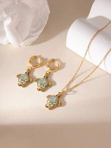 GEREIT 3pcs 18K Gold Plated Stainless Steel Drip Oil Sea Turtle Earrings & Necklace Set, Suitable For Beach Vacation Wear - Multicolor - View 4