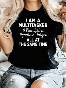 1 Piece "I Am A Generalist I Can Listen, Ignore, Forget Interesting Sayings" Women's Plus Size T-Shirt Funny Oversized Graphic Short Sleeve Tee Novelty 100% Polyester 220g Shirt Casual Crew Neck Top - 黑色 - 查看 1