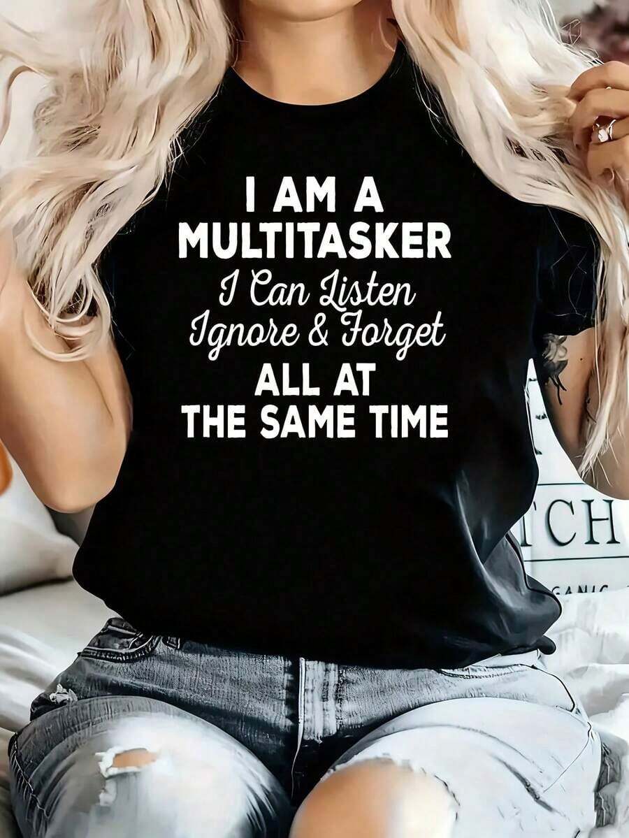 1 Piece "I Am A Generalist I Can Listen, Ignore, Forget Interesting Sayings" Women's Plus Size T-Shirt Funny Oversized Graphic Short Sleeve Tee Novelty 100% Polyester 220g Shirt Casual Crew Neck Top - 黑色 - 查看 1