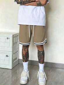 男士休闲运动短裤，拉链口袋，健身房锻炼短裤，抽绳腰带，篮球短裤，弹力轻便运动裤，适合篮球、棒球、健身、跑步、训练、运动、户外活动，父亲节夏季礼物 - 棕色 - 查看 6